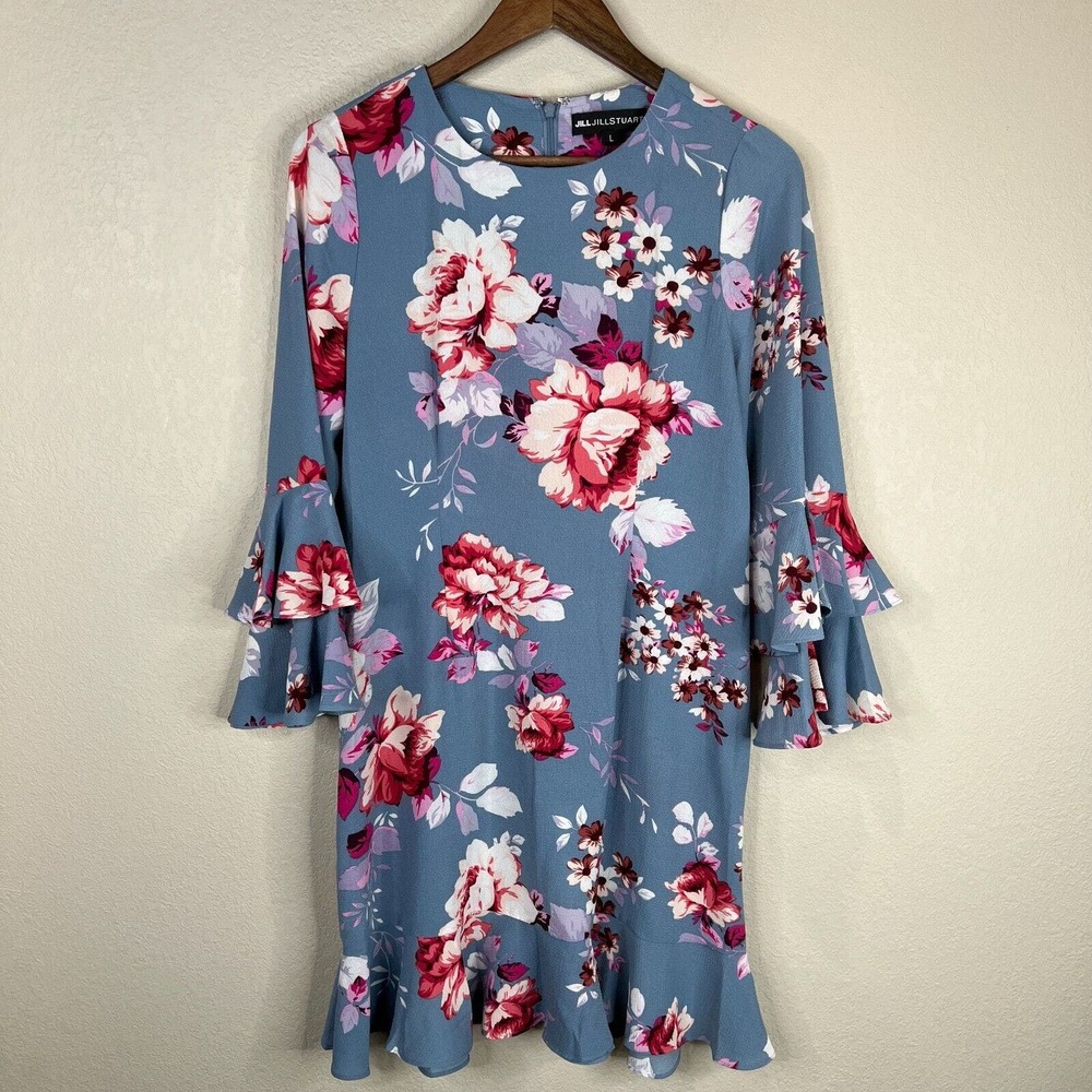 Jill Stuart Women's Floral Print Ruffled Bell Sleeve Mini Dress‎ Blue Pink Large